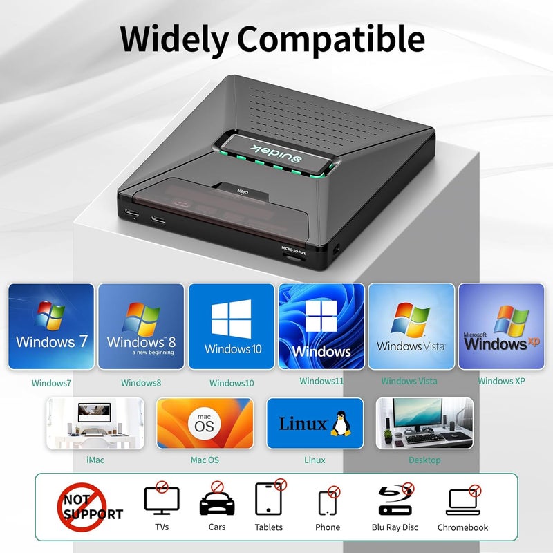 SUIDEK CD DVD Drive External, Portable CD DVD Driver +/-RW Burner with 2.5" SATA,SD Card Reader and USB A Type C 2.0 Hub Compatible with Laptop PC - Image 5